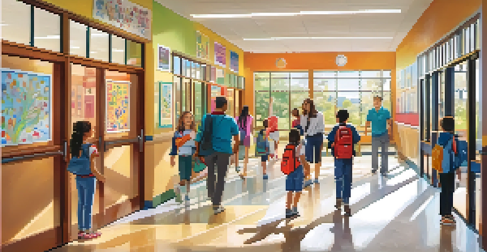A lively school hallway showcasing student artwork, with parents talking to teachers and children playing, illuminated by natural light.