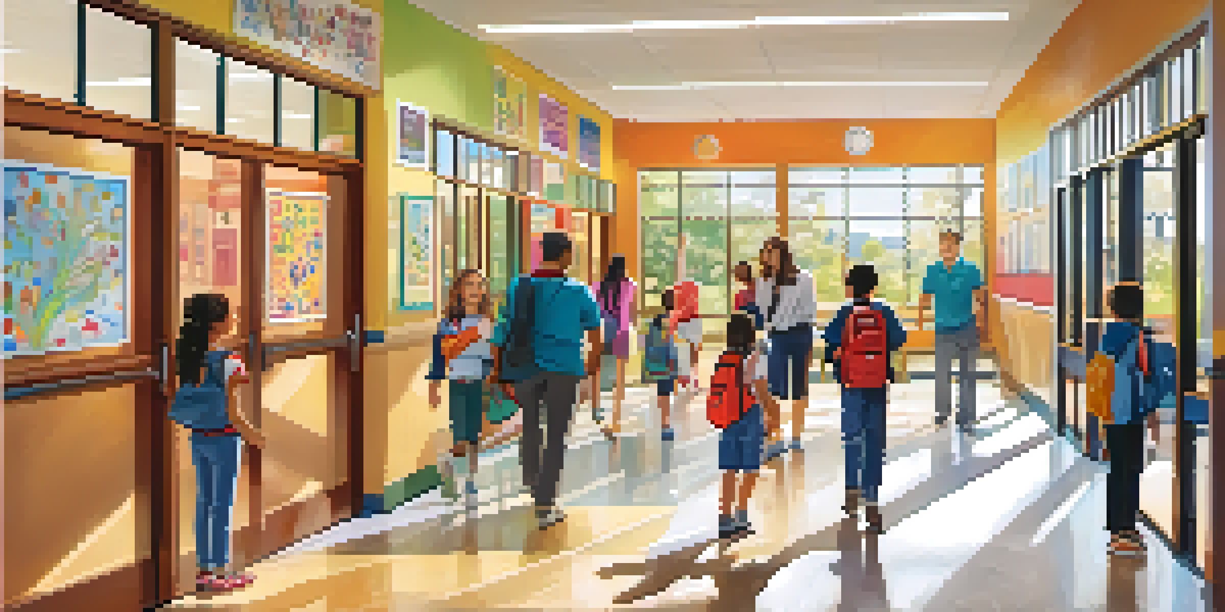 A lively school hallway showcasing student artwork, with parents talking to teachers and children playing, illuminated by natural light.