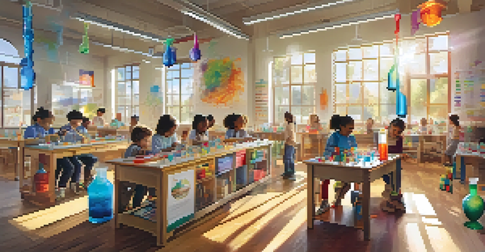 A lively classroom where children are participating in hands-on STEAM activities, including experimenting with liquids and building structures.