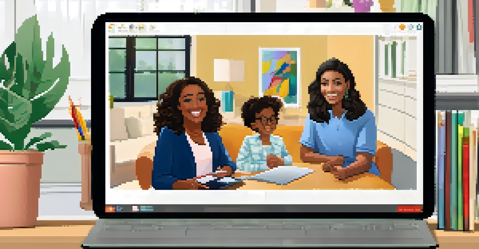 A computer screen displaying a virtual parent-teacher meeting with smiling faces, surrounded by a comfortable home setting.