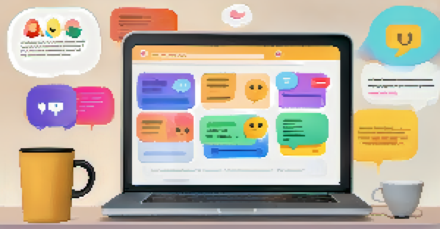 A laptop screen displaying a digital discussion forum with colorful comments and emojis in a warm study space.