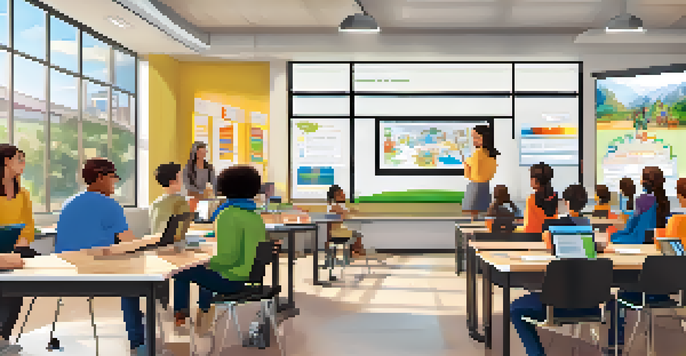 A blended learning classroom with students using laptops and a teacher presenting, while a virtual lecture is displayed on a screen.