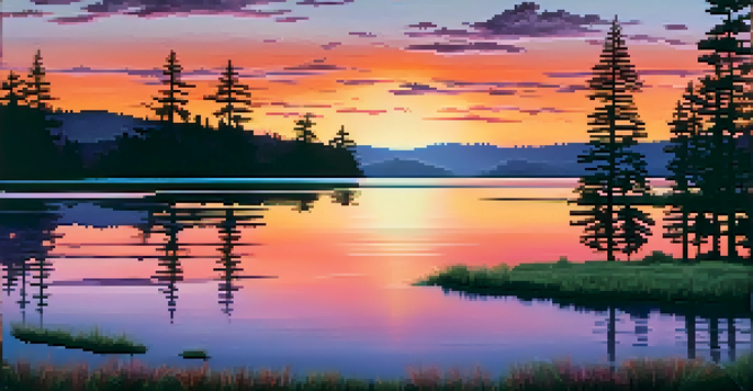 A sunset over a calm lake with colorful reflections and silhouettes of pine trees.