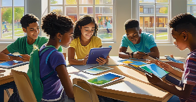 A diverse group of students engaged in mobile learning activities in a modern classroom with colorful decorations and natural light.