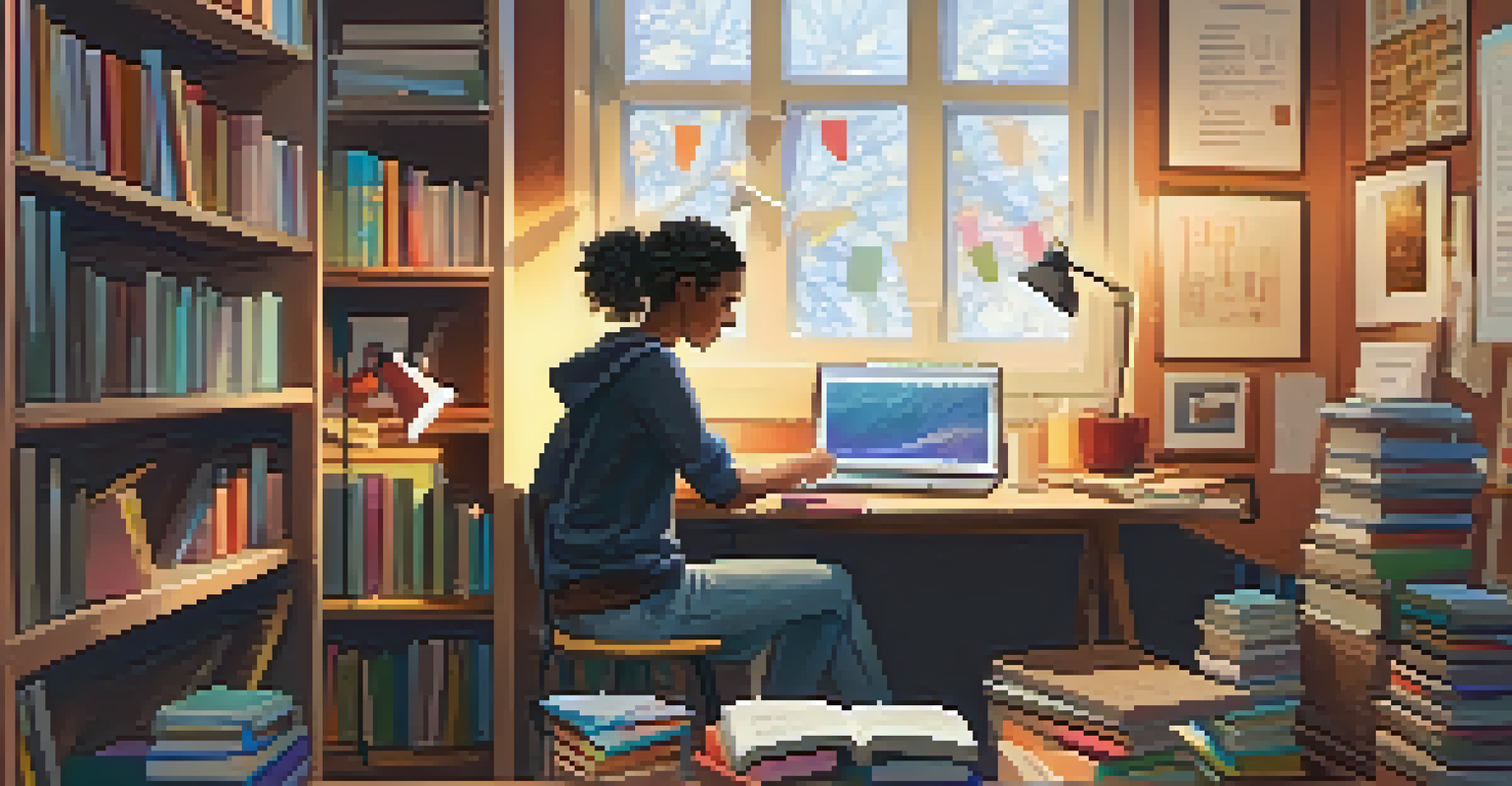 A student studying at a cozy workspace with a laptop, books, and creative materials, illuminated by warm lighting.