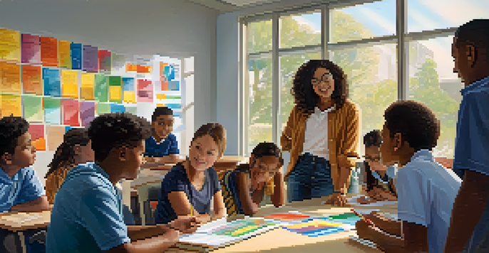 A diverse classroom with students from different backgrounds participating in group discussions, illuminated by soft natural light.