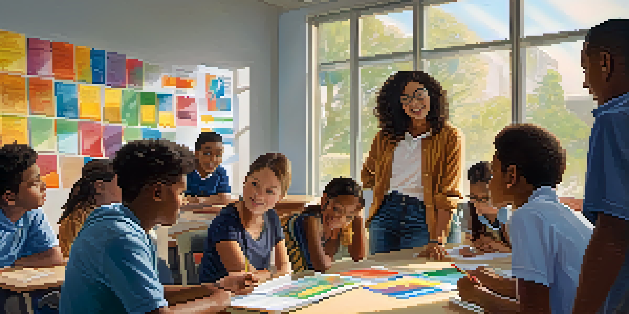 A diverse classroom with students from different backgrounds participating in group discussions, illuminated by soft natural light.