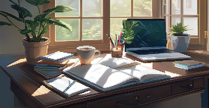 A peaceful study area with a wooden desk, an open laptop, organized stationery, a cup of coffee, and a potted plant under soft natural light.
