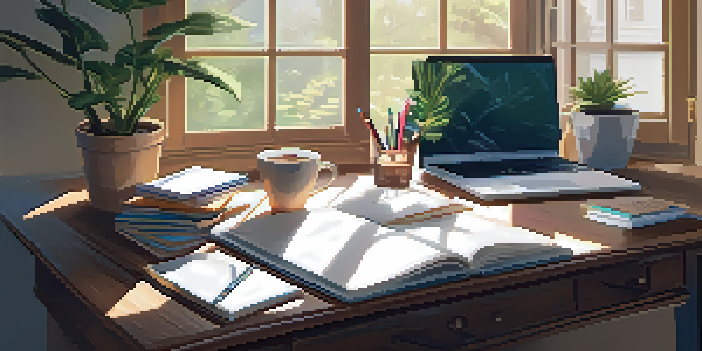 A peaceful study area with a wooden desk, an open laptop, organized stationery, a cup of coffee, and a potted plant under soft natural light.