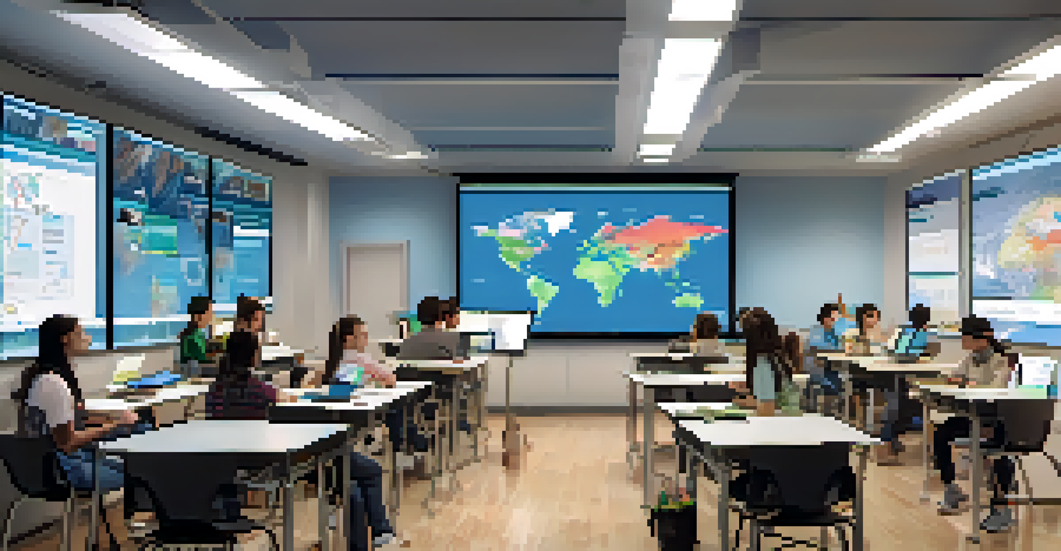 Students engaged in an online climate education program, focused on their laptops in a modern classroom.