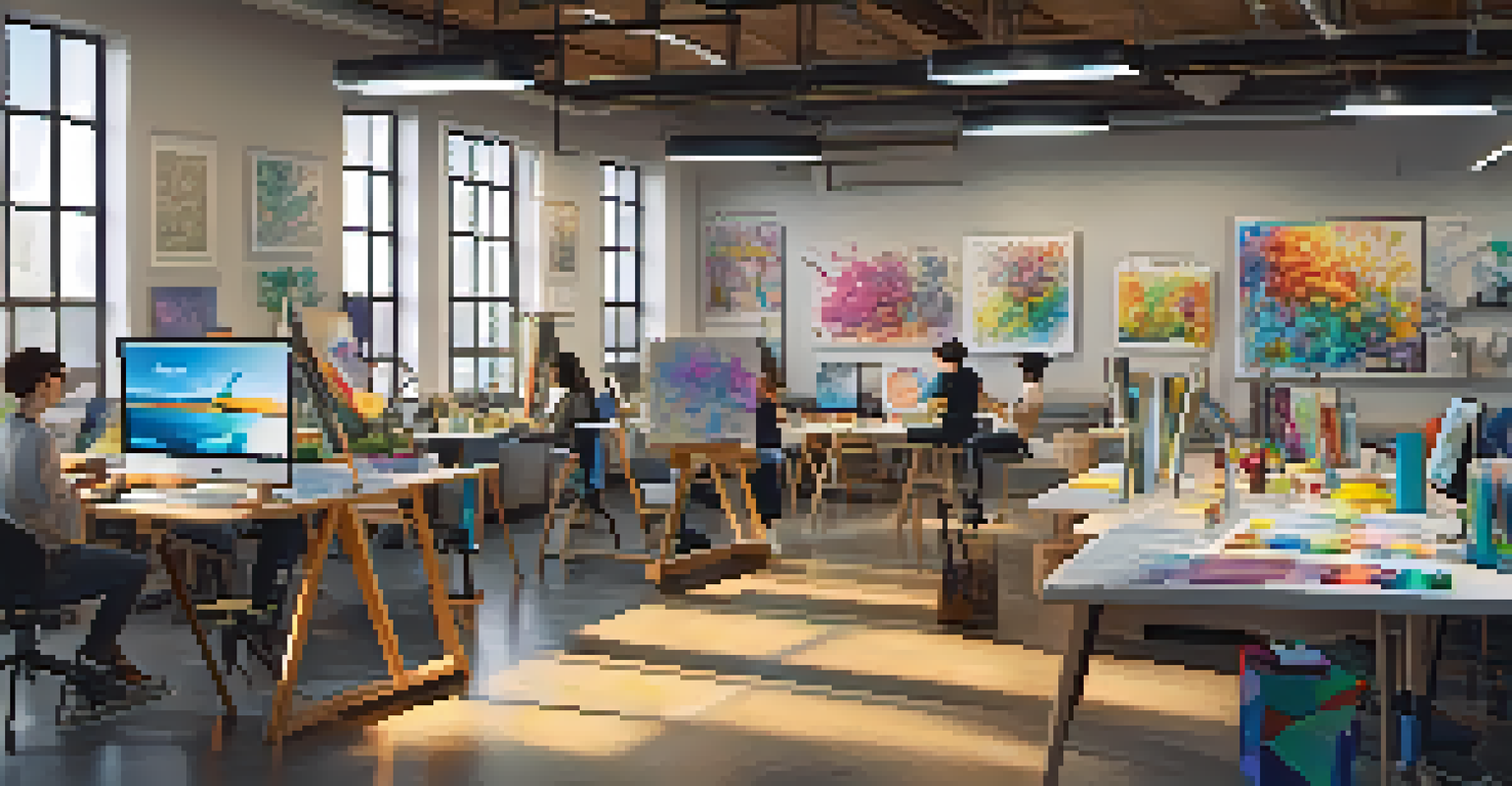 A creative workspace with students blending art and engineering, featuring vibrant colors, 3D models, and collaborative brainstorming.