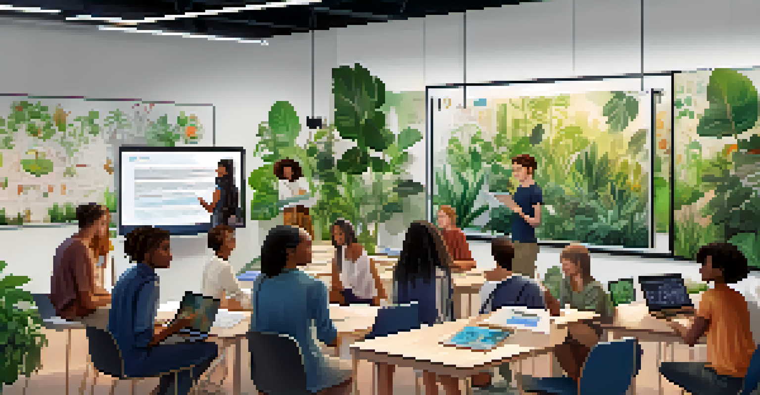 A diverse group of students collaborating on a project in a modern classroom with smart technology, gathered around an interactive screen amidst a bright and inspiring environment.