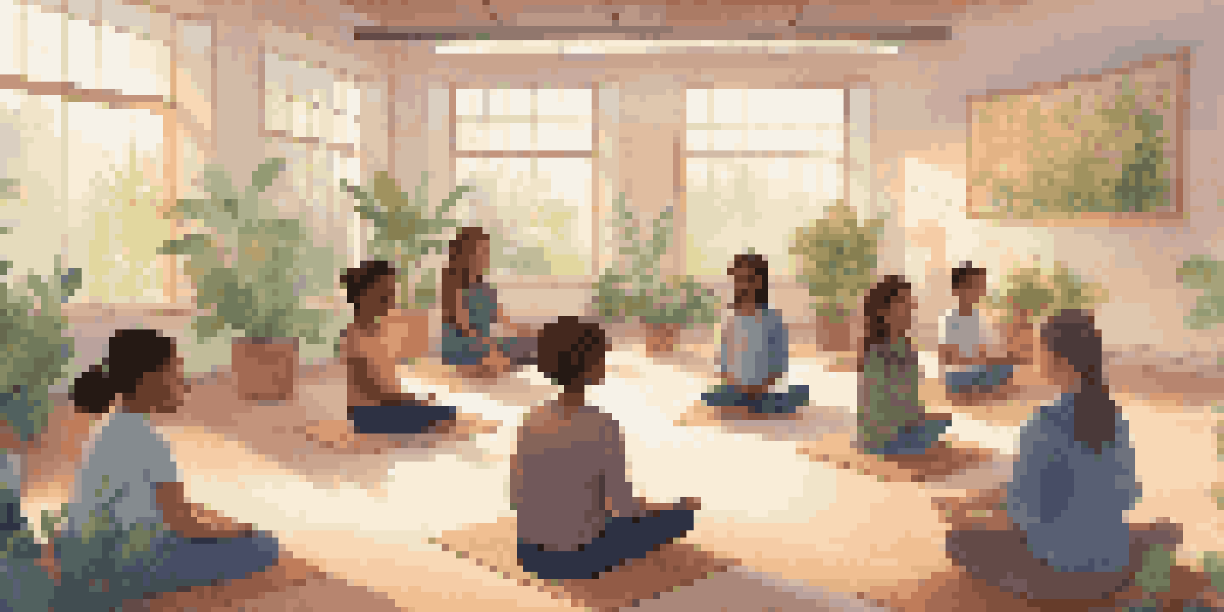 A peaceful classroom where students are meditating on the floor while a teacher guides them, surrounded by nature-themed decor and plants.