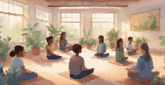 A peaceful classroom where students are meditating on the floor while a teacher guides them, surrounded by nature-themed decor and plants.