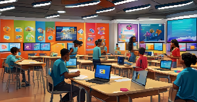 A virtual classroom filled with diverse students actively engaging in gamified learning, with colorful leaderboards and badges in the background.
