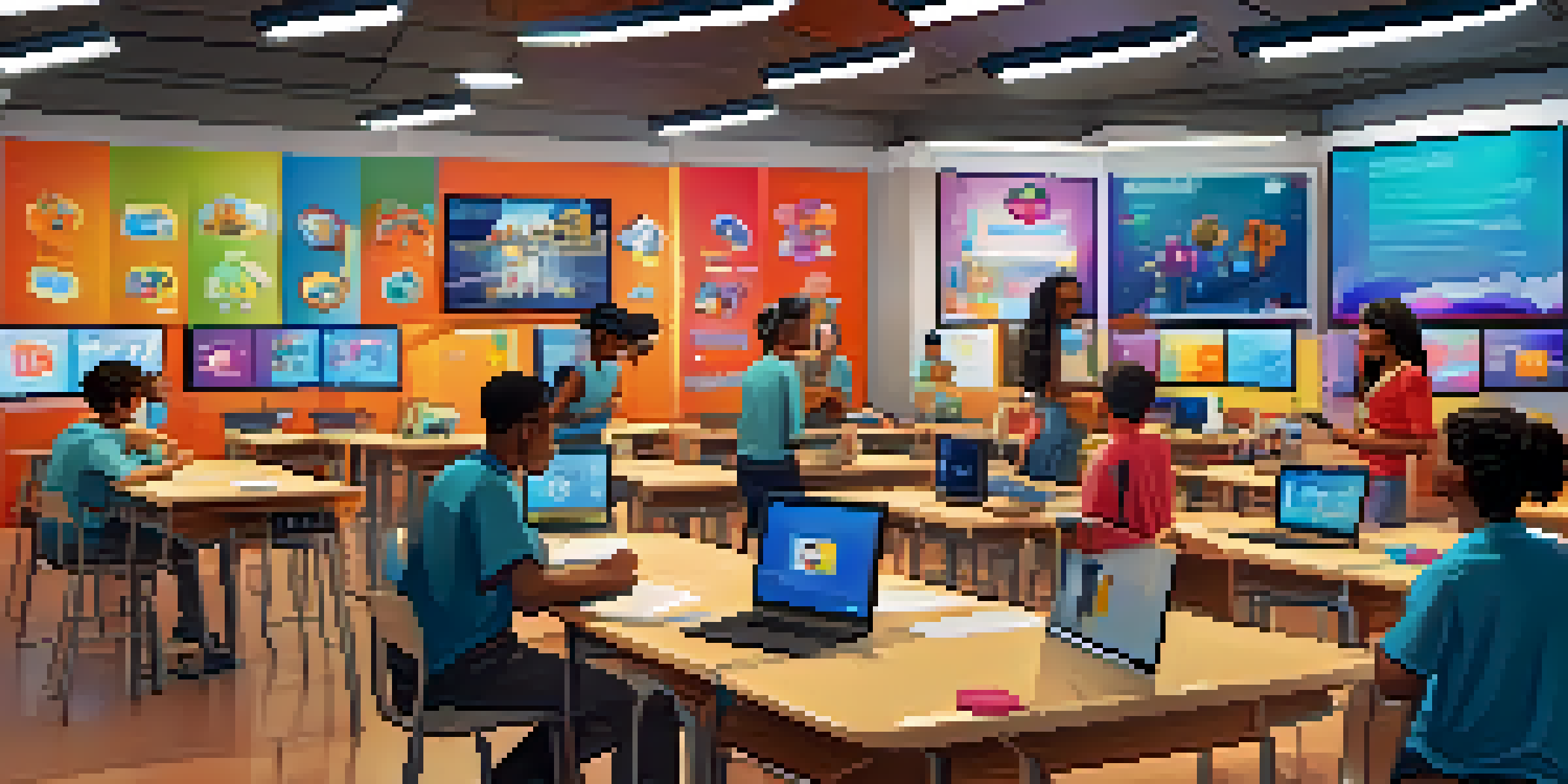 A virtual classroom filled with diverse students actively engaging in gamified learning, with colorful leaderboards and badges in the background.