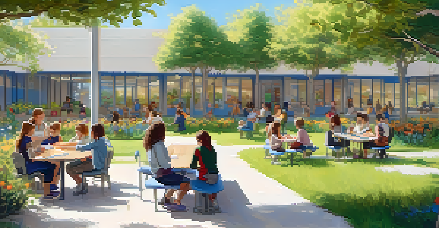 An outdoor learning space with students in small groups discussing work, surrounded by greenery and flowers, creating a cheerful atmosphere.
