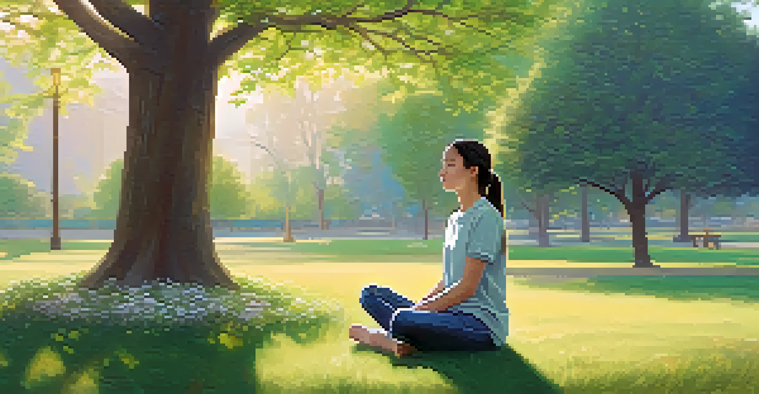 A student meditating in a park, surrounded by flowers and trees, enjoying a moment of tranquility.