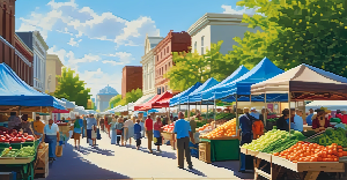 A lively farmers' market scene with colorful stalls, families shopping, and children playing, under a clear blue sky.