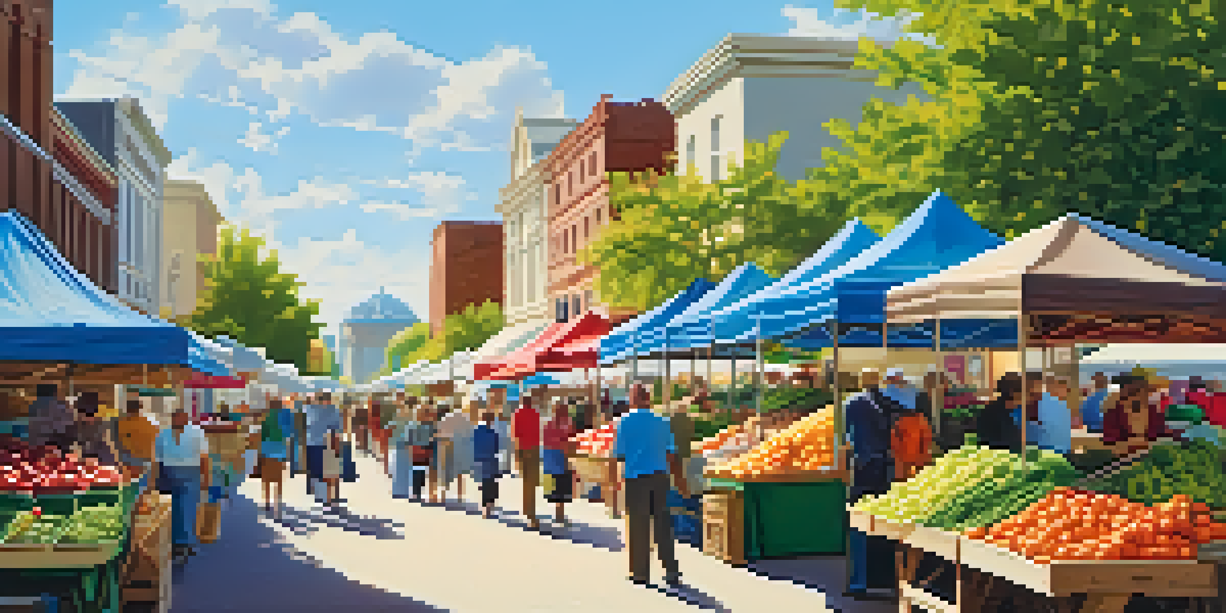 A lively farmers' market scene with colorful stalls, families shopping, and children playing, under a clear blue sky.