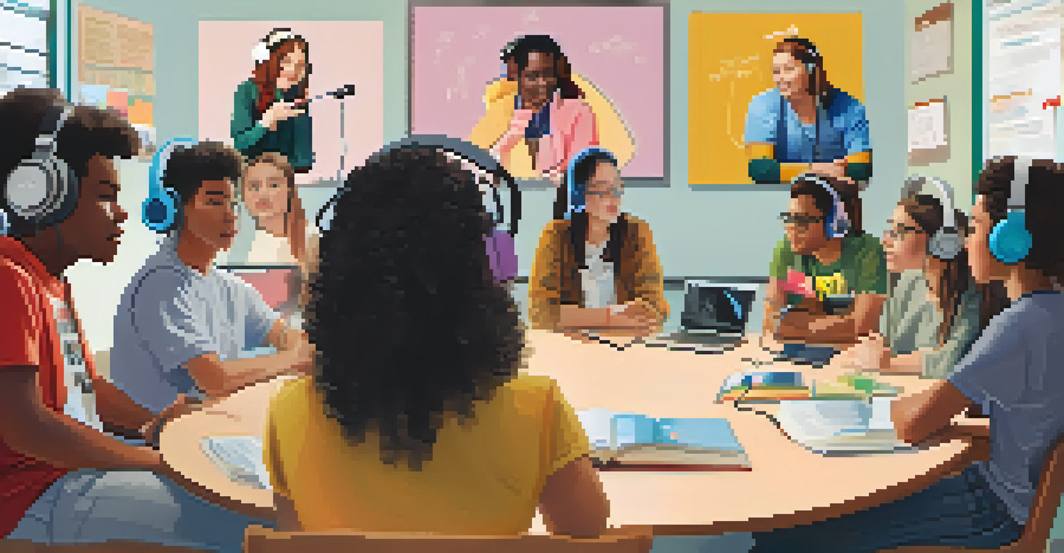 A diverse group of students in a bright classroom discussing a podcast episode while wearing headphones, showing engagement and curiosity.