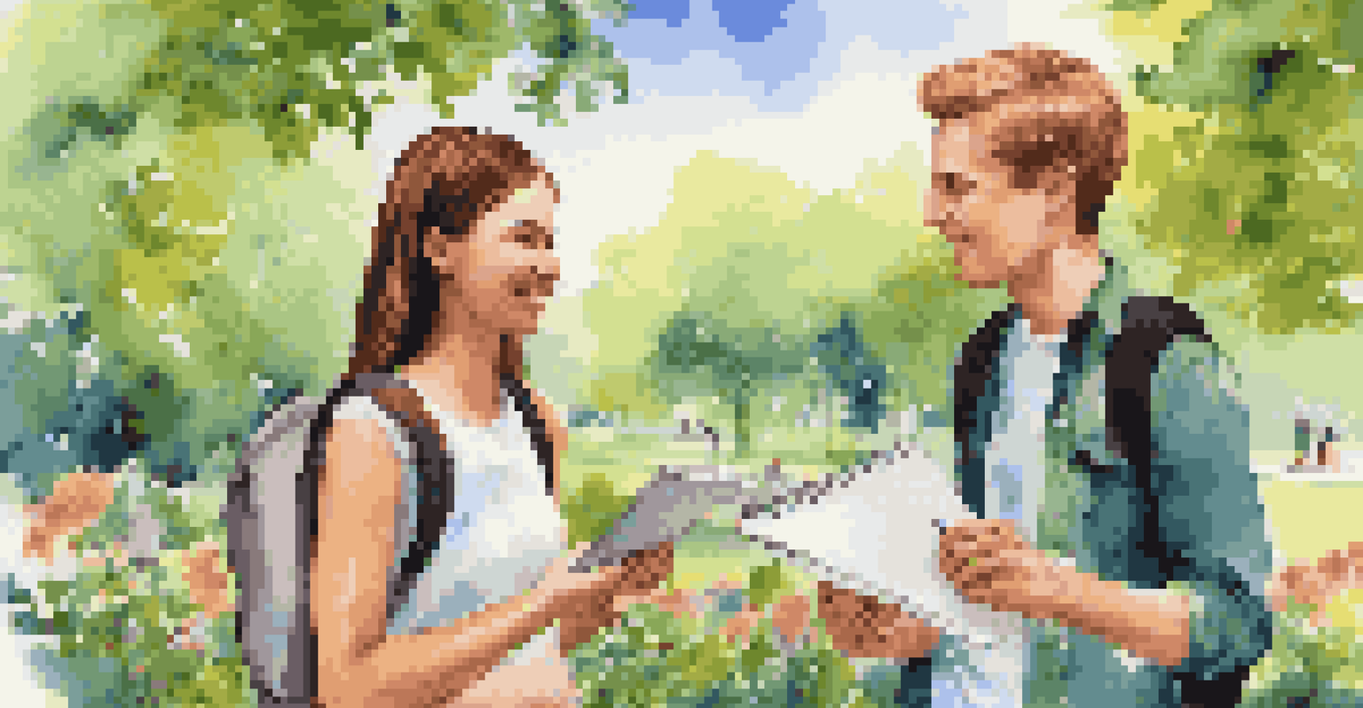 A young man and a young woman sitting in a park, practicing a language together with a notebook and a backpack.