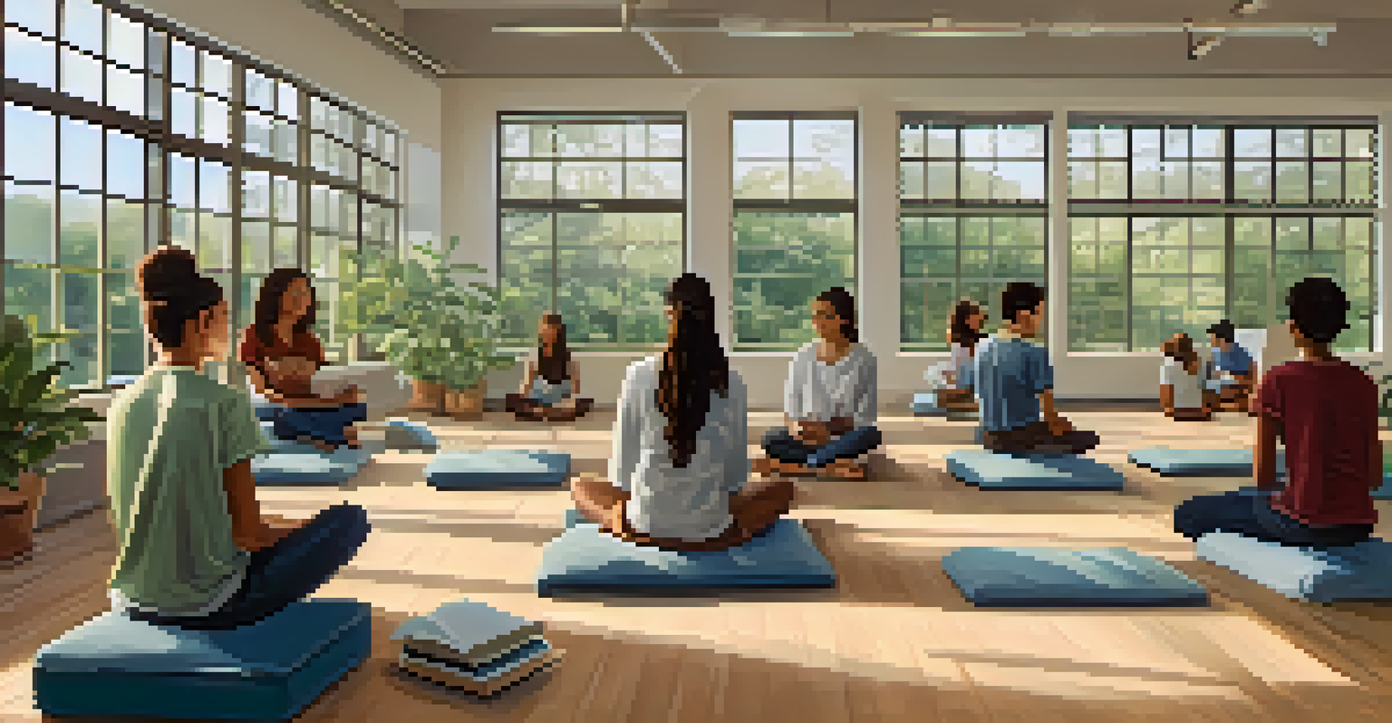 Students practicing mindfulness in a serene classroom environment, engaging in deep breathing and journaling.