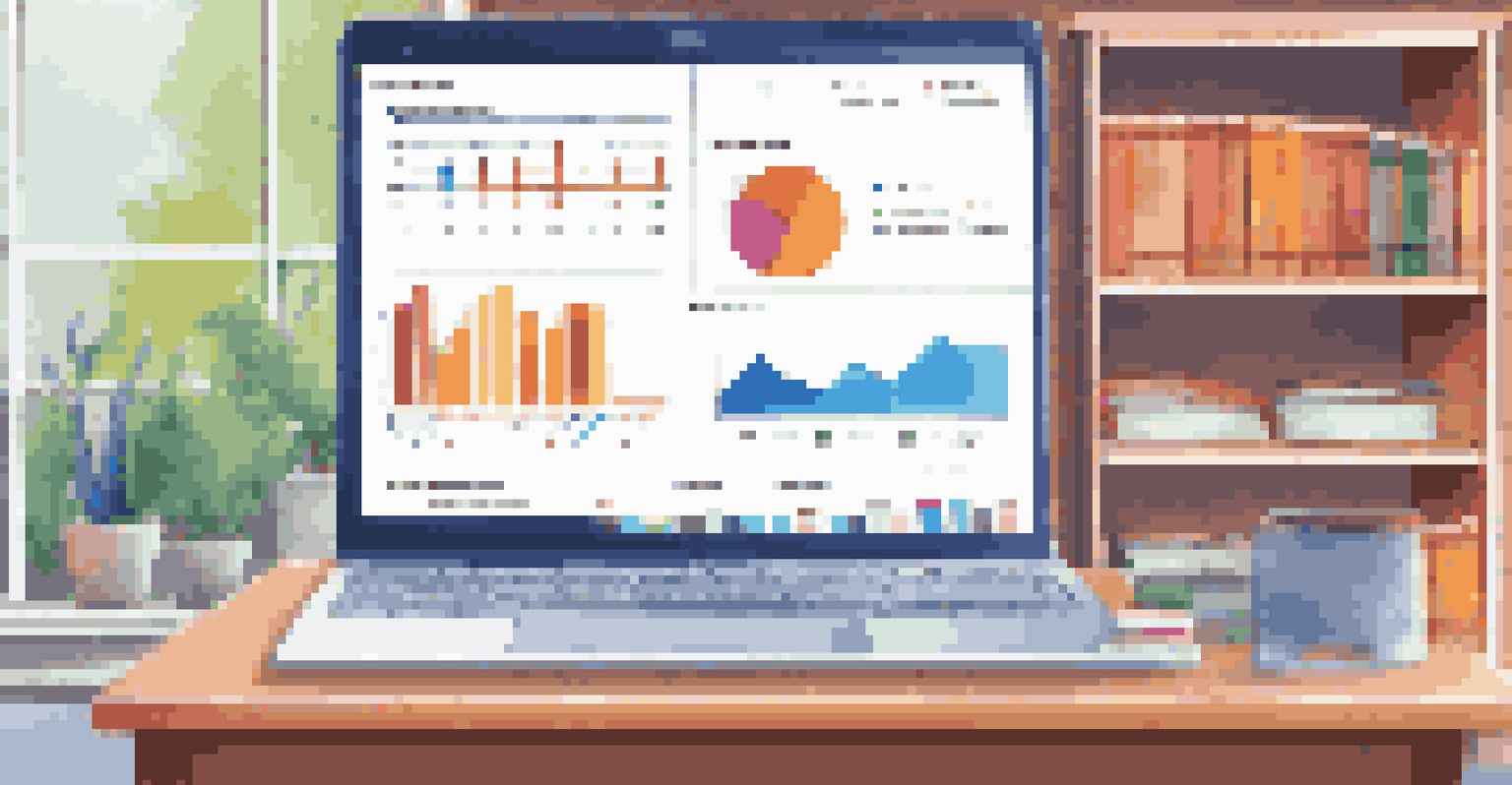 A laptop screen showing an AI analytics dashboard with colorful charts, set in a cozy study area with bookshelves.