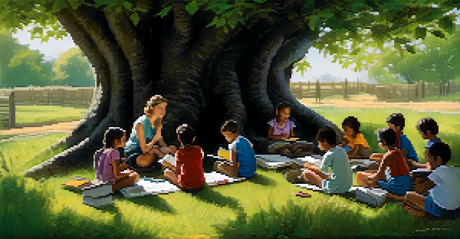 An adult volunteer tutoring children in a rural outdoor classroom under a tree, surrounded by nature and educational materials.