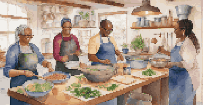 A diverse group of adults participating in a cooking class, sharing stories and preparing dishes in a warmly lit environment.