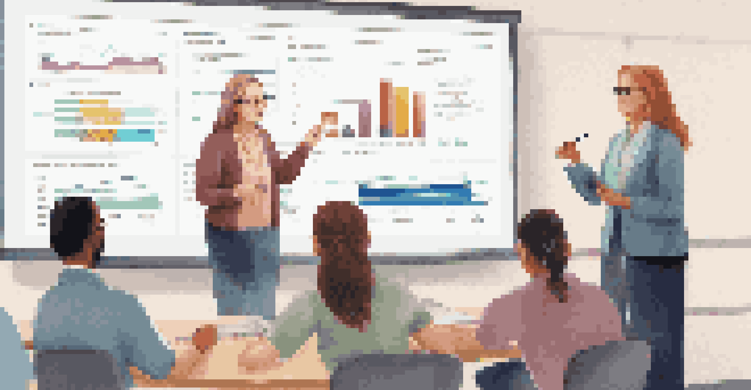 An instructor presenting data analytics on a screen in a classroom, with students attentively listening and taking notes.