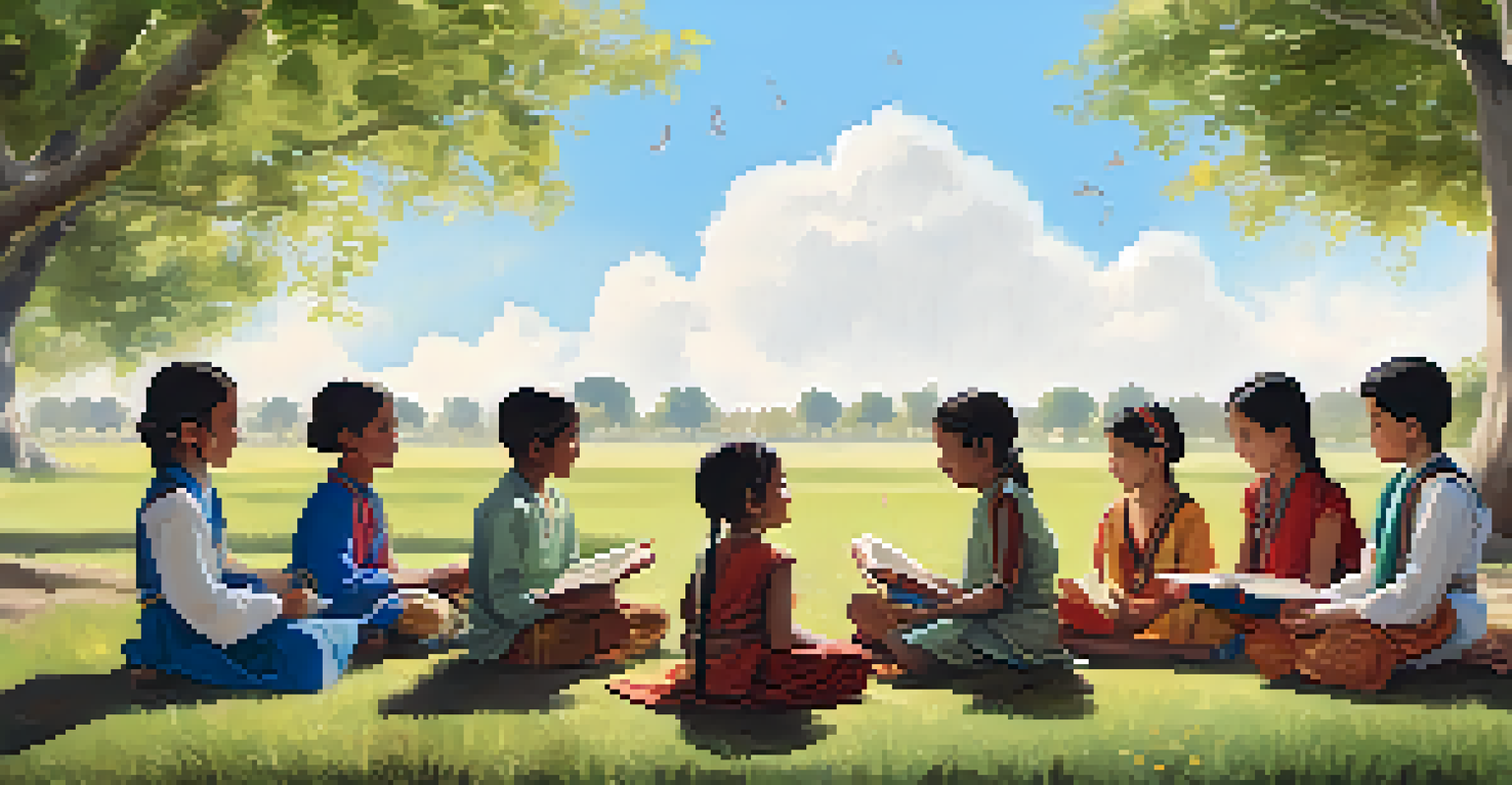 Children from various cultures sharing stories in a peaceful outdoor setting.