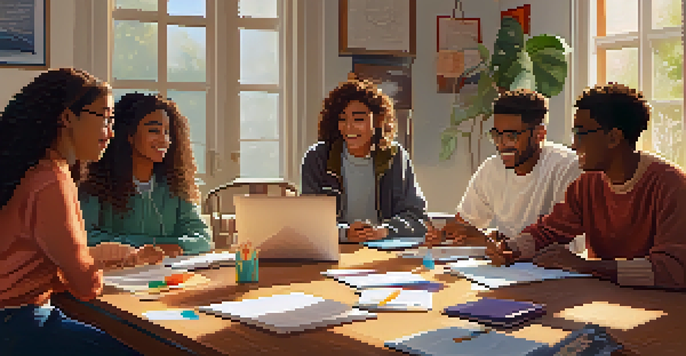 A diverse group of students in a study room, collaborating with notebooks and laptops on a table, with sunlight streaming through a window.