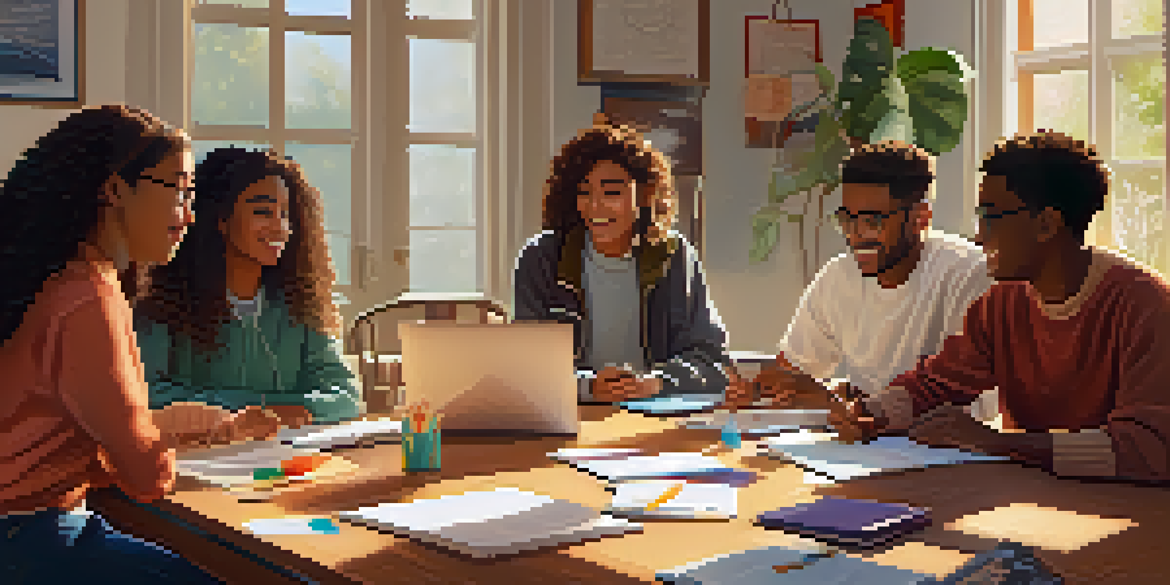 A diverse group of students in a study room, collaborating with notebooks and laptops on a table, with sunlight streaming through a window.