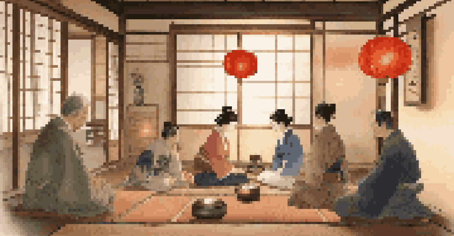 An American participant sharing stories with a Japanese family in a cozy living room adorned with traditional decor, showcasing cultural exchange.
