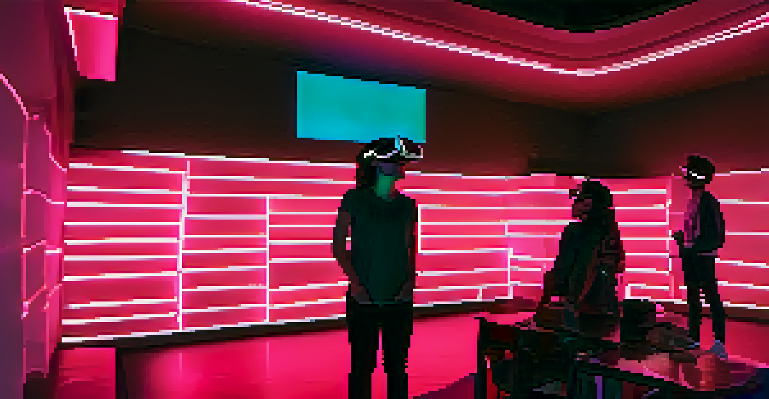 Students wearing VR headsets, exploring a 3D historical landmark in a dimly lit room with neon accents.
