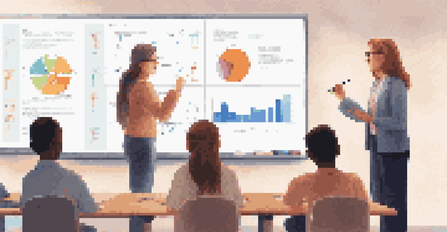 A teacher in a bright classroom analyzing student performance data on a digital whiteboard, with attentive students in the background.