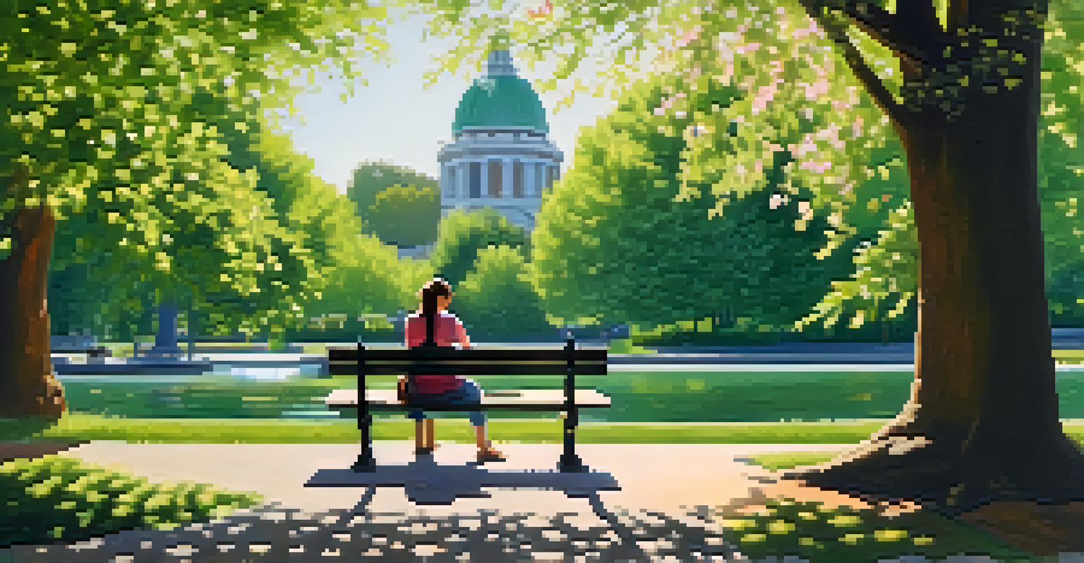 A person sitting on a park bench, writing in a journal surrounded by blooming flowers and green trees in a serene outdoor setting.
