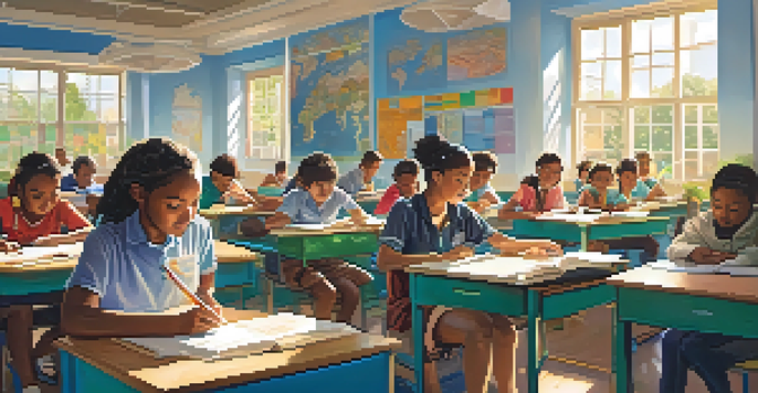 A colorful classroom with students of various backgrounds collaborating on an educational project, surrounded by maps and technology.