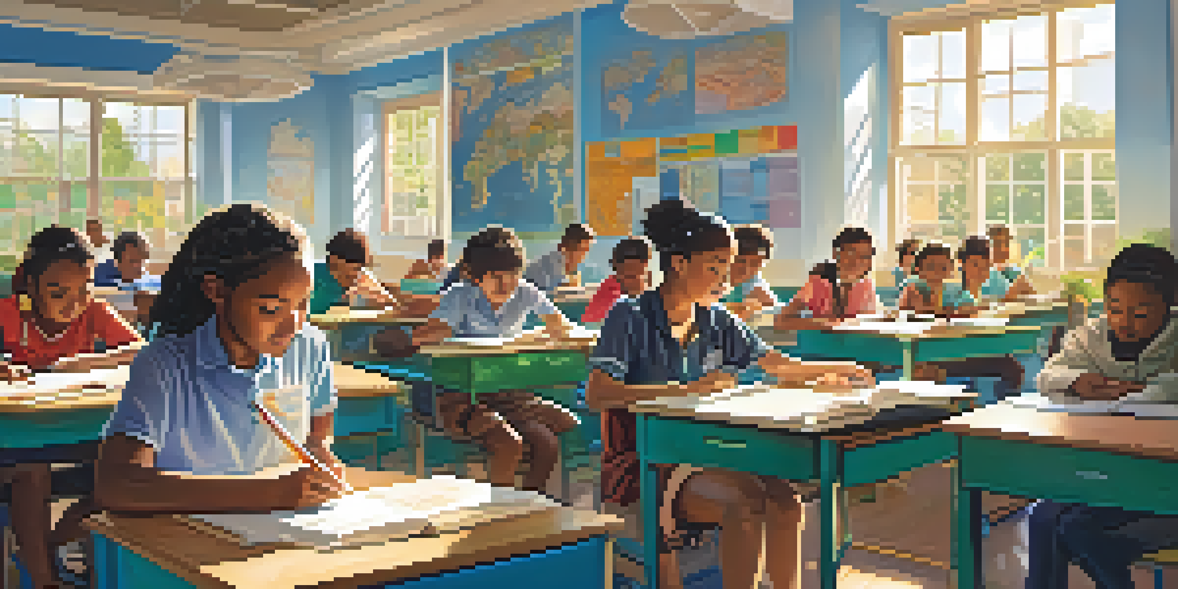 A colorful classroom with students of various backgrounds collaborating on an educational project, surrounded by maps and technology.