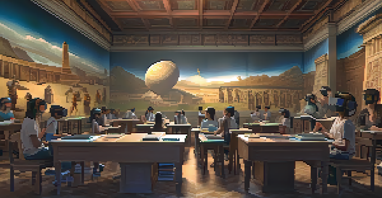Students engaged in a virtual reality lesson, exploring an ancient civilization in a tech-filled classroom with maps and history books around them.