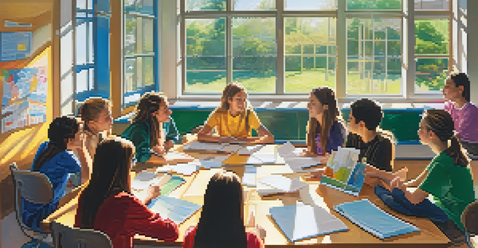 A group of students sitting in a circle in a bright classroom, engaged in discussion with colorful educational posters on the walls.