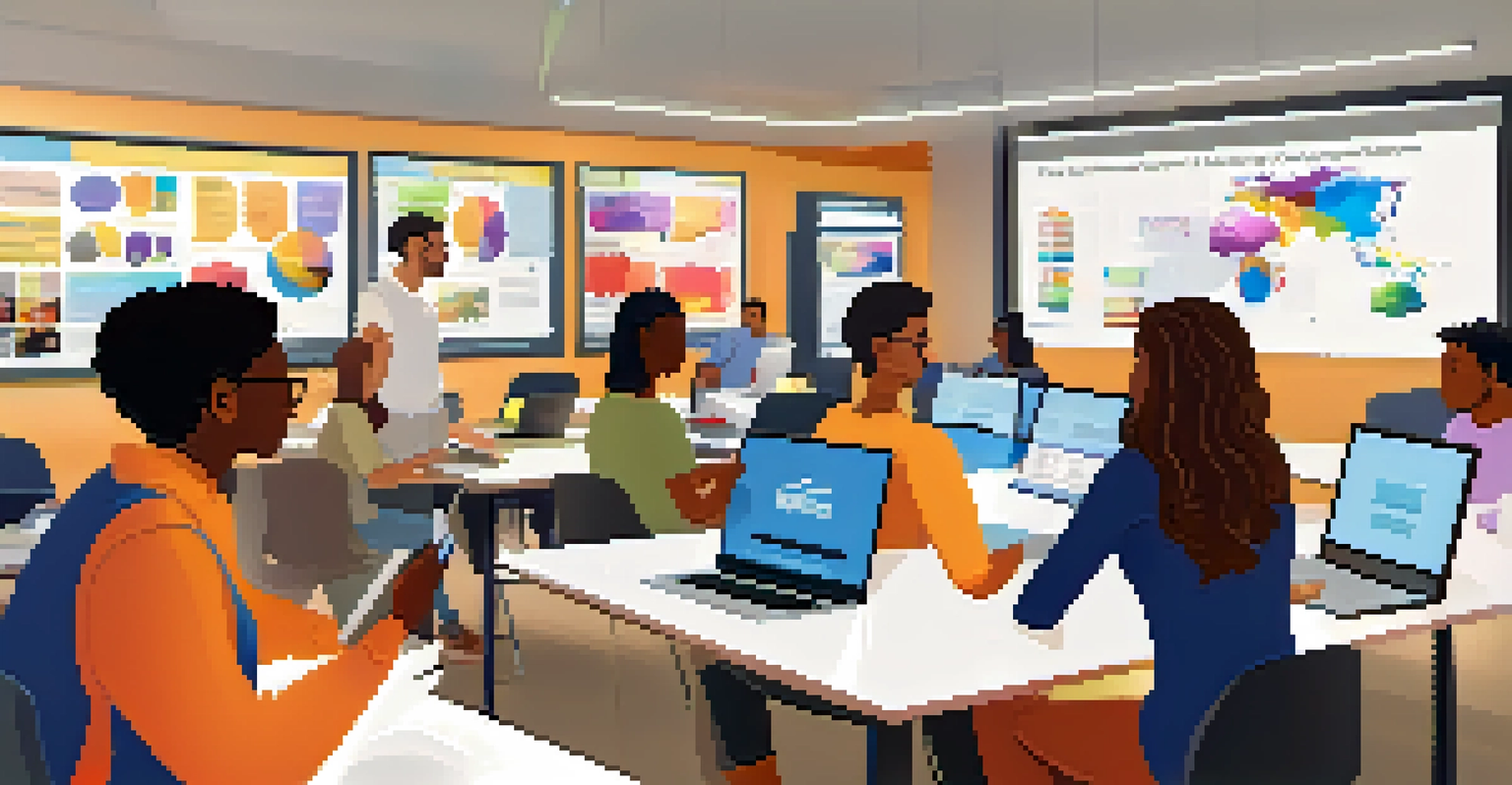 A diverse group of employees participating in a virtual training session, engaged with laptops and discussing actively.