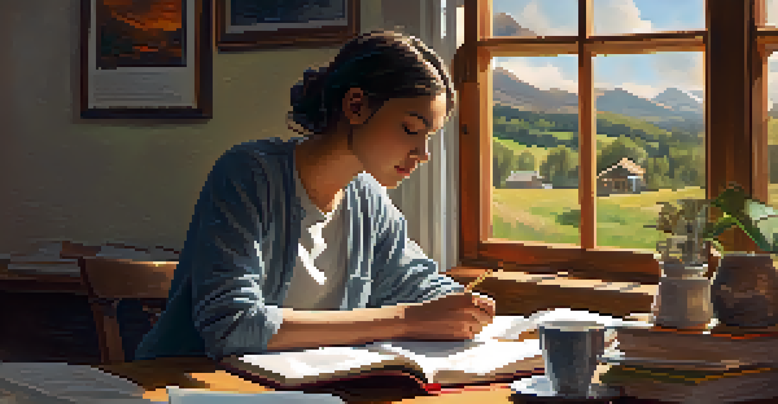 A student reflecting at a desk with books and a warm lamp, writing in a journal while enjoying a view of nature.