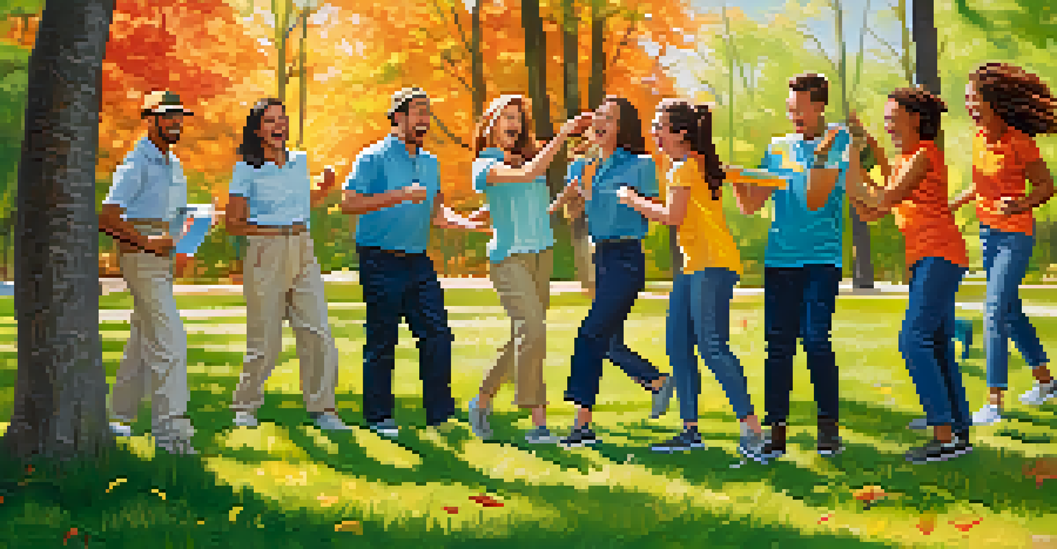 Colleagues enjoying an outdoor team-building activity, participating in a trust exercise in a sunny park.