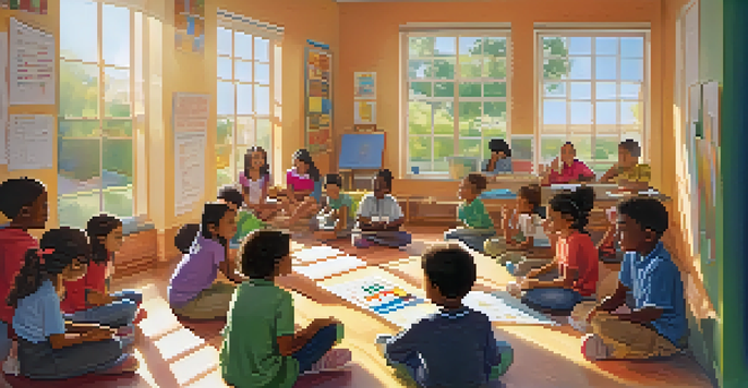 A diverse group of children in a bright classroom, sitting in a circle and engaging in a collaborative learning activity, with educational materials around them.