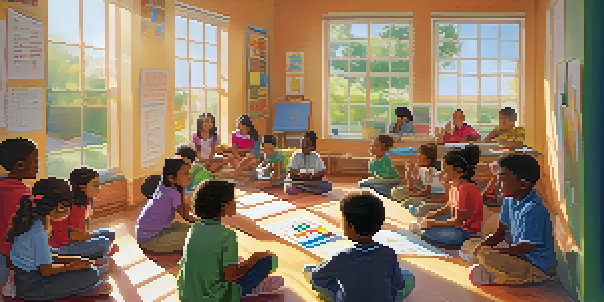 A diverse group of children in a bright classroom, sitting in a circle and engaging in a collaborative learning activity, with educational materials around them.