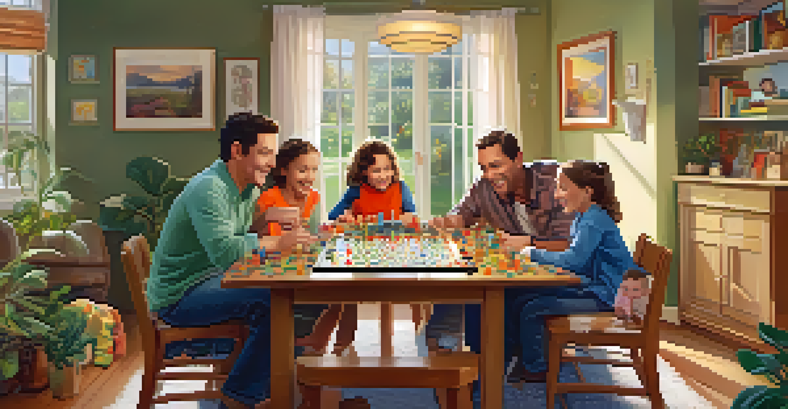 A family gathered around a table enjoying a board game in a warmly lit indoor setting.