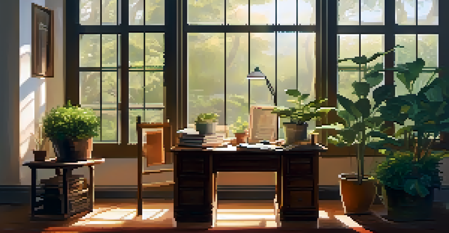A cozy study space with a wooden desk, books, a cup of tea, and a warm lamp, surrounded by plants and natural light from a window.