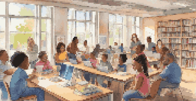 A diverse group of individuals learning digital skills at a community library, with sunlight streaming through the windows.